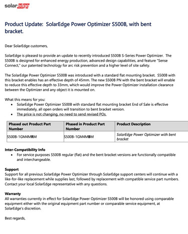 Solar Edge S500B Power Optimizer product update document